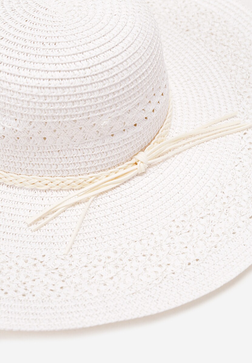 Biały Szeroki Kapelusz z Plecionki z Dodatkowymi Rzemykami Dorinemia