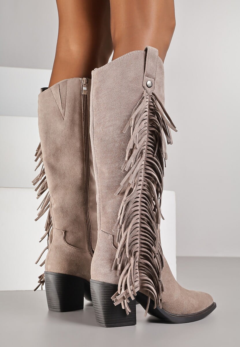 Beżowe Kozaki Kowbojki na Stożku Zdobione Frędzlami Nucca