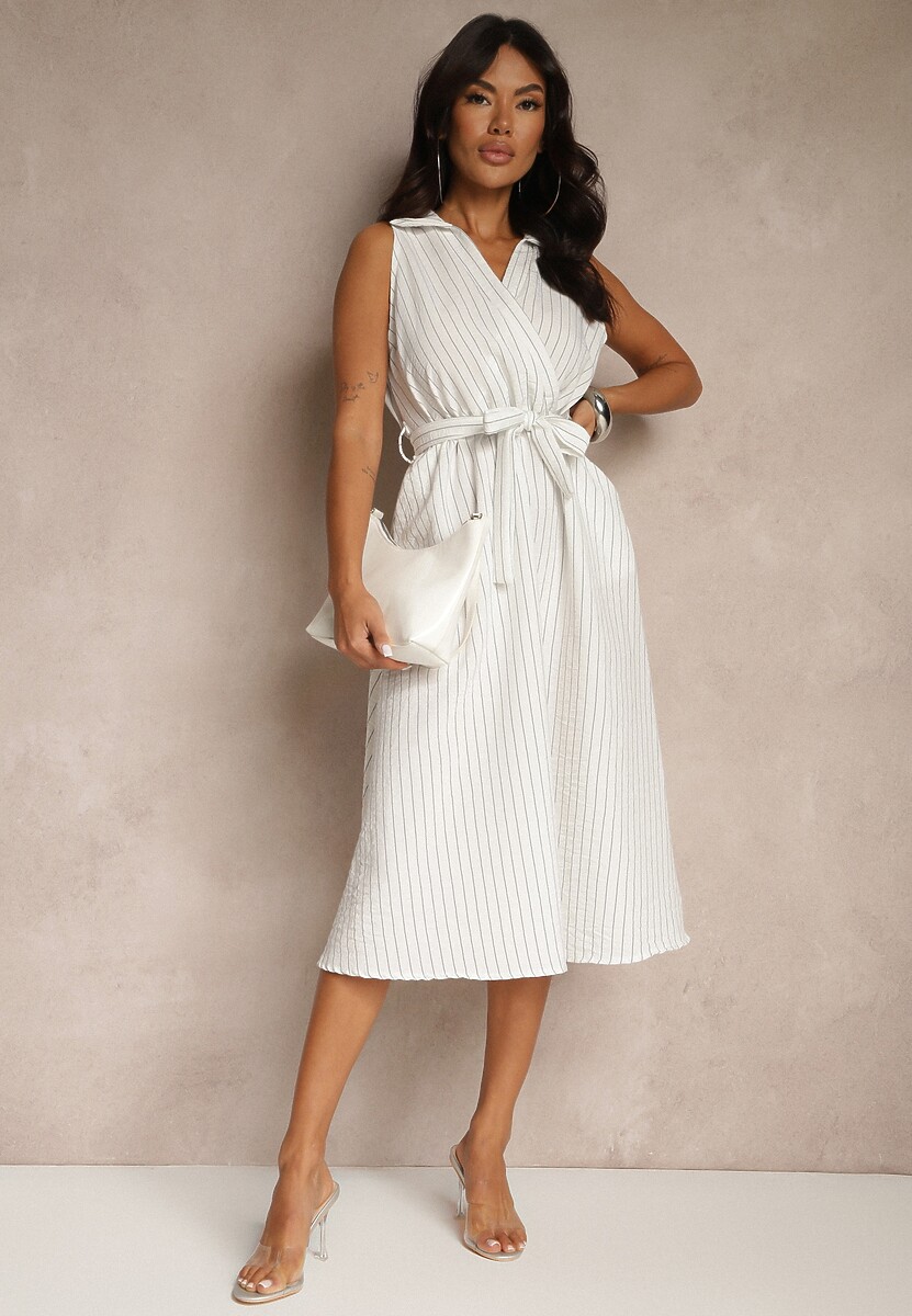 Biała Koszulowa Sukienka Bez Rękawów z Wiązanym Paskiem Lideene