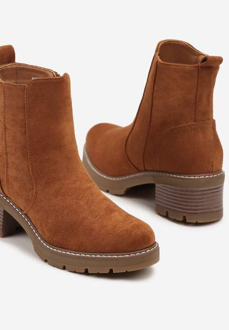 Brązowe Casualowe Botki na Słupku Zapinane na Suwak Mlivia