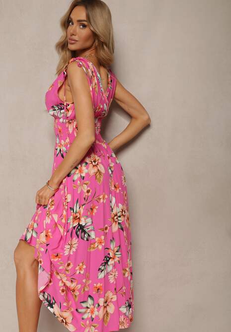 Różowa Kwiecista Sukienka z Gumką w Talii i Trójkątnym Dekoltem ze Ściągaczami Taseria