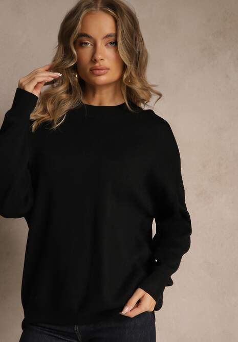 Czarny Nietoperzowy Sweter w Minimalistycznym Stylu Raliava