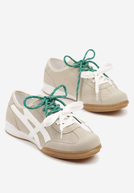 Beżowe Sneakersy Ozdobione Geometrycznym Wzorem i Podwójnym Sznurowaniem Hirozi