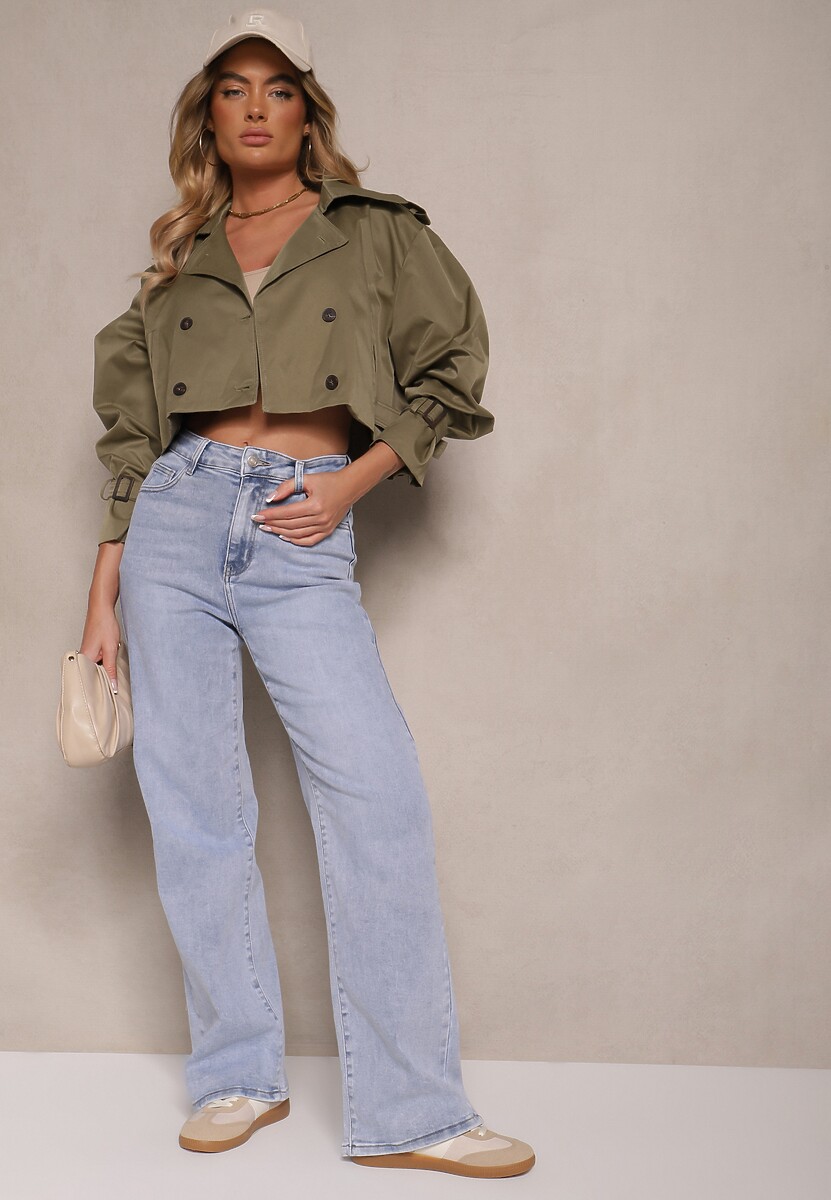 Ciemnozielona Kurtka Dwurzędowa Stylizowana na Krótki Trencz z Wiskozy i Bawełny Feldexia