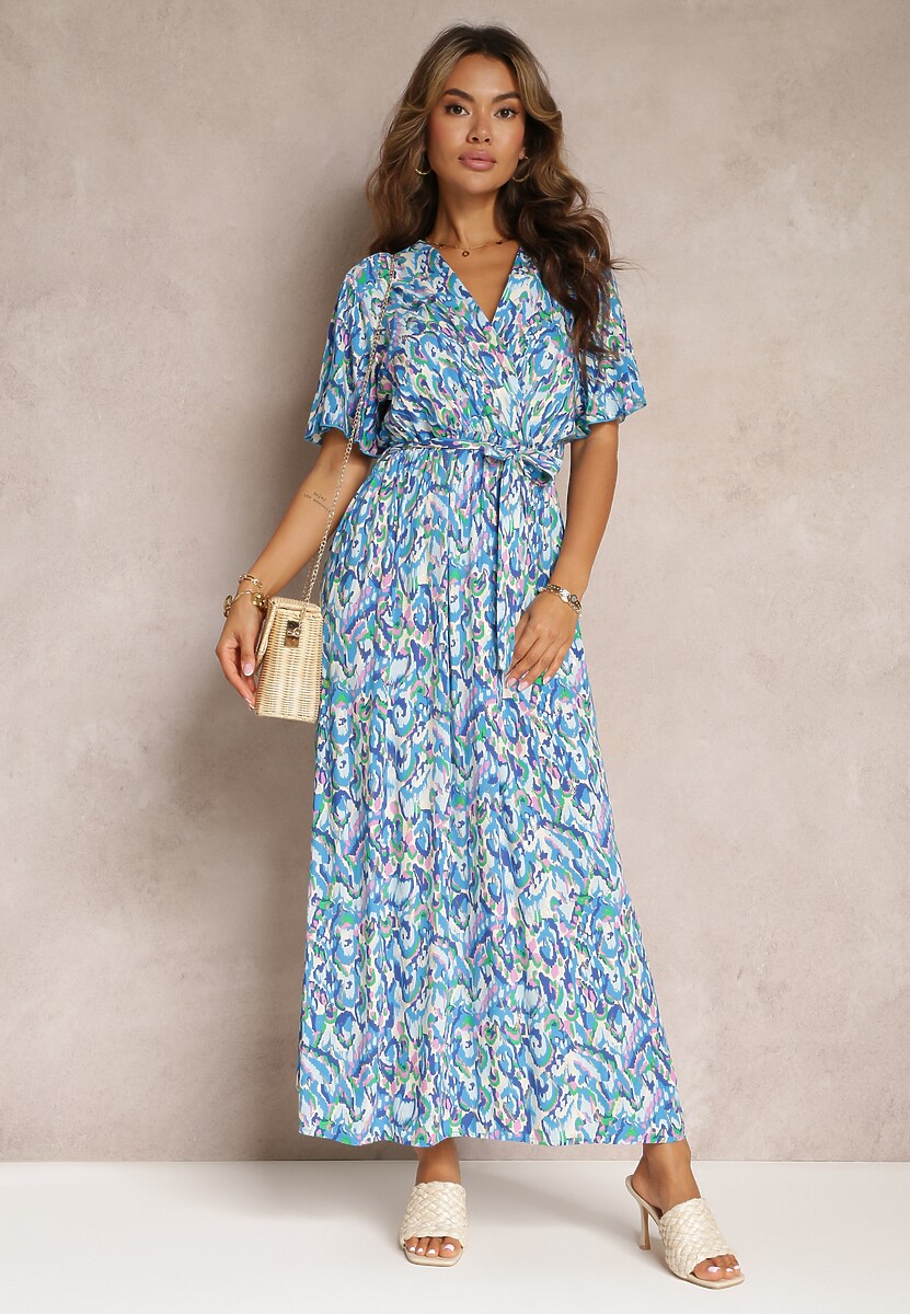 Niebieska Kopertowa Sukienka Maxi z Metalicznym Nadrukiem i Gumką w Talii Manfre