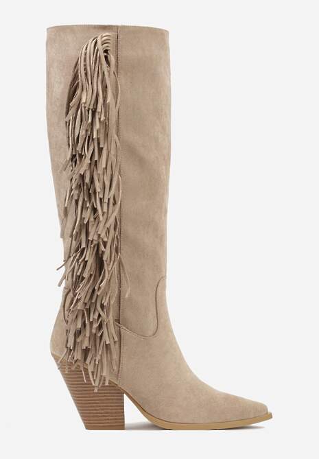 Ciemnobeżowe Kozaki Kowbojki z Imitacji Zamszu z Frędzlami i Stożkowym Obcasem Rafilea