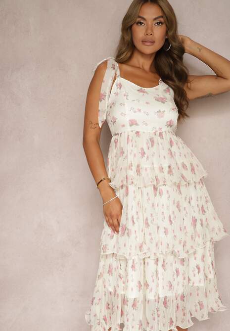 Jasnobeżowa Sukienka Plisowana o Rozkloszowanym Kroju na Ramiączkach z Gumką w Pasie Dilsea