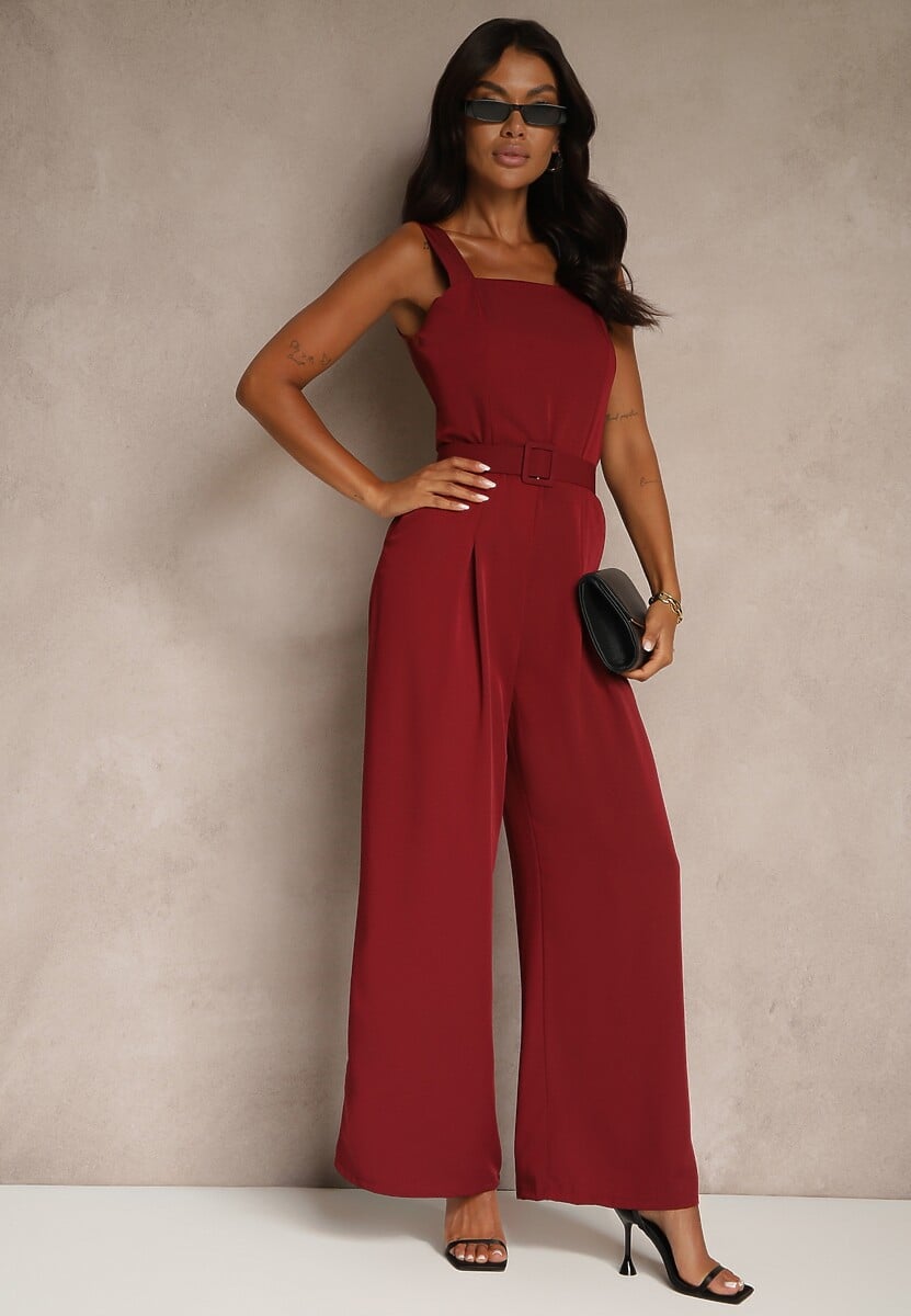 Bordowy Elegancki Kombinezon Ozdobiony Paskiem z Klamrą Dolanela