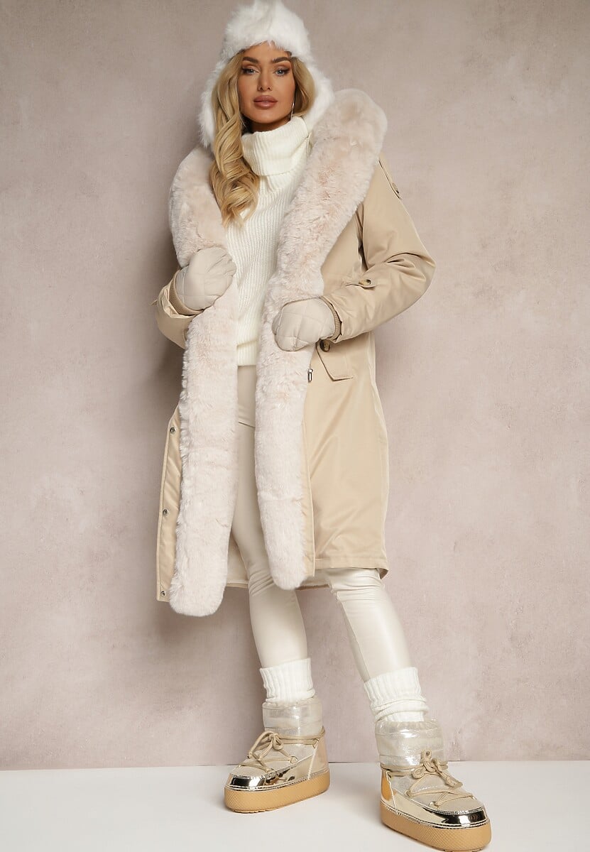 Brązowa Ocieplana Kurtka Parka z Kapturem i Ściągaczem w Pasie Semilaura