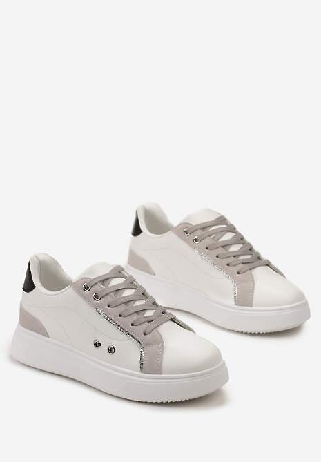 Biało-Szaro Sneakersy z Metalicznymi Wstawkami na Grubej Podeszwie Amoone