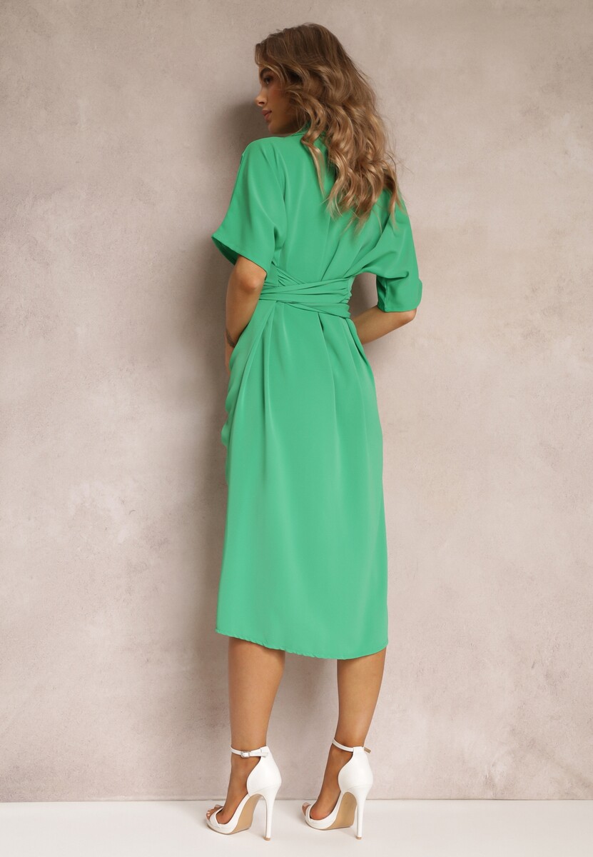 Zielona Sukienka Koszulowa Wiązana z Przodu z Marszczeniem Raimona