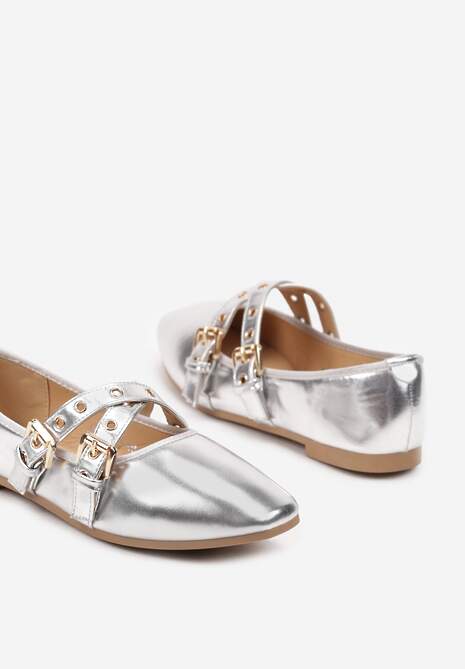 Srebrne Balerinki na Płaskiej Podeszwie z Paskami i Sprzączkami Pinaya