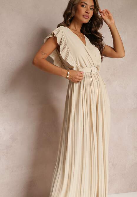 Beżowy Plisowany Kombinezon z Falbankami i Szerokimi Nogawkami Jarina