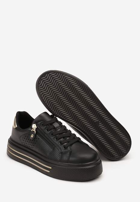 Czarne Sneakersy na Platformie Ozdobione Suwakiem i Perforacją Gioseria