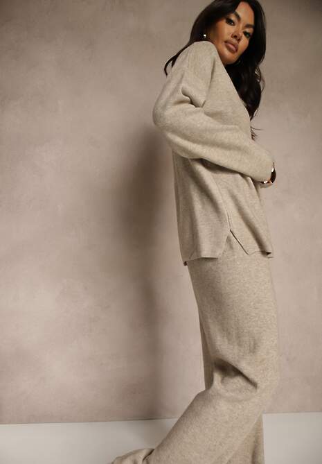 Beżowy Komplet Oversize z Dzianiny z Wełną Sweter i Szerokie Spodnie Alenria