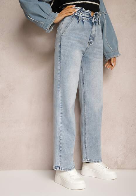 Niebieskie Jeansy Spodnie High Waist z Szerokimi Nogawkami Sancilla