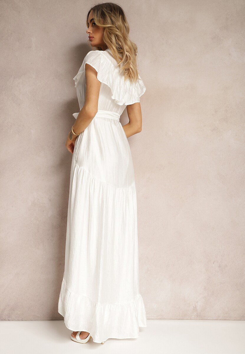 Biała Sukienka z Materiałowym Paskiem i Wiskozą Wykończona Guzikami i Falbanką Hanesi