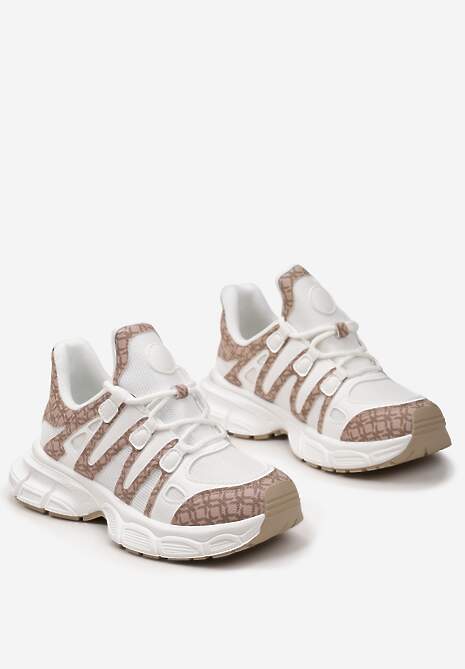 Ciemnobeżowe Sneakersy Ozdobione Tłoczeniem i Wstawkami Keladavia