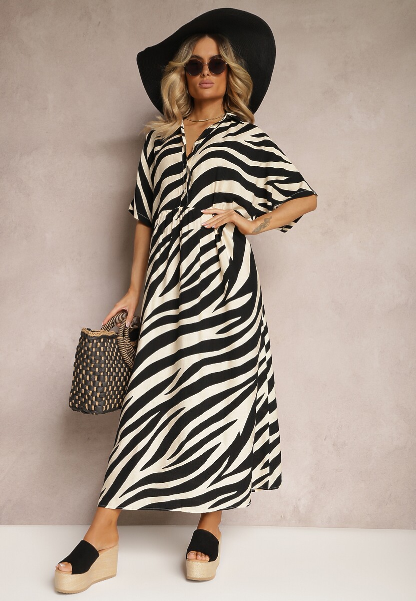 Beżowa Sukienka Koszulowa z Rękawami Typu Nietoperz i Guzikami Cesolla