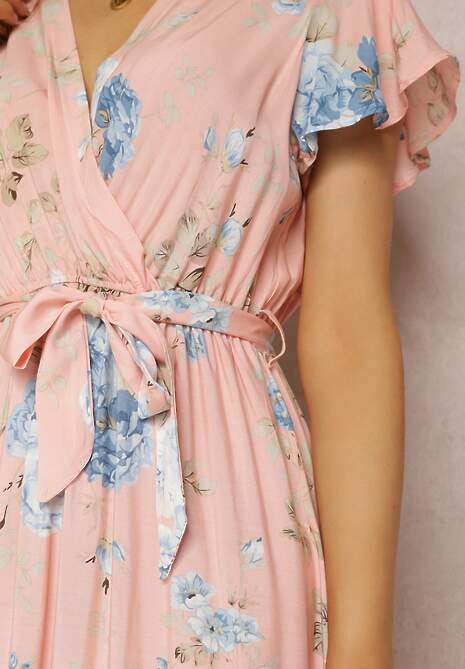 Jasnoróżowa Sukienka w Kwiaty o Kopertowym Kroju z Wiązanym Paskiem Iphene