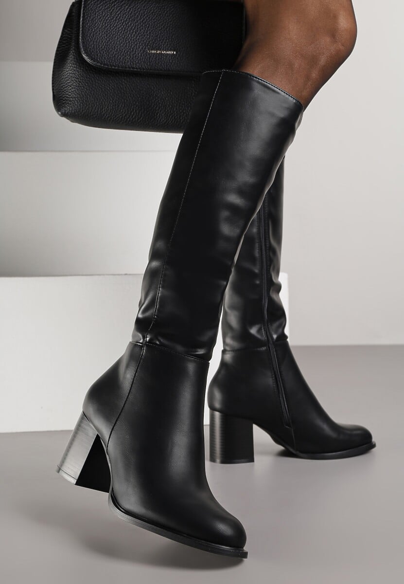 Czarne Kozaki na Słupku VICES z Ozdobnym Przeszyciem Liladevia