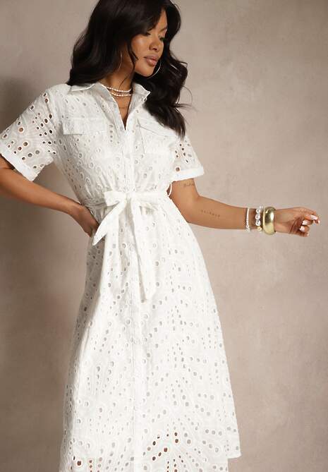 Biała Ażurowa Sukienka Koszulowa Ozdobiona Paskiem Rinailia