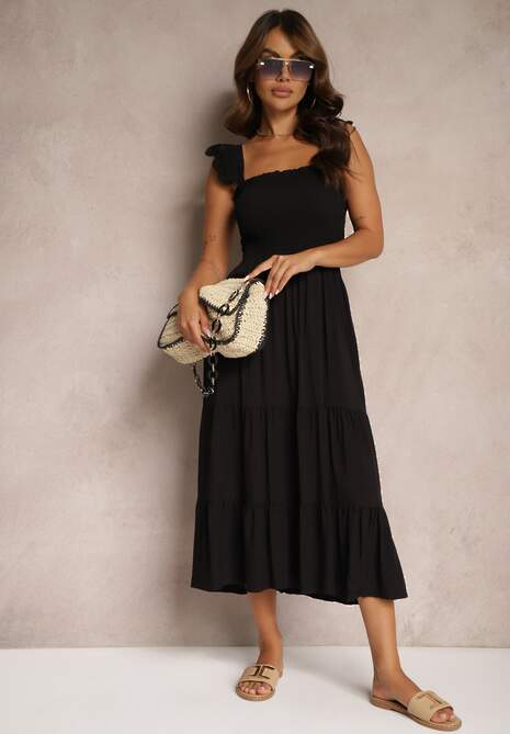 Czarna Sukienka z Bawełny na Ramiączkach Ozdobiona Falbanami i Gumkami Mevalys