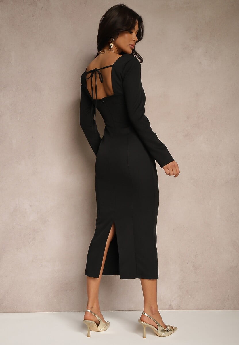 Czarna Ołówkowa Sukienka z Eleganckim Wiązaniem i Imitacją Kieszeni Tillamera