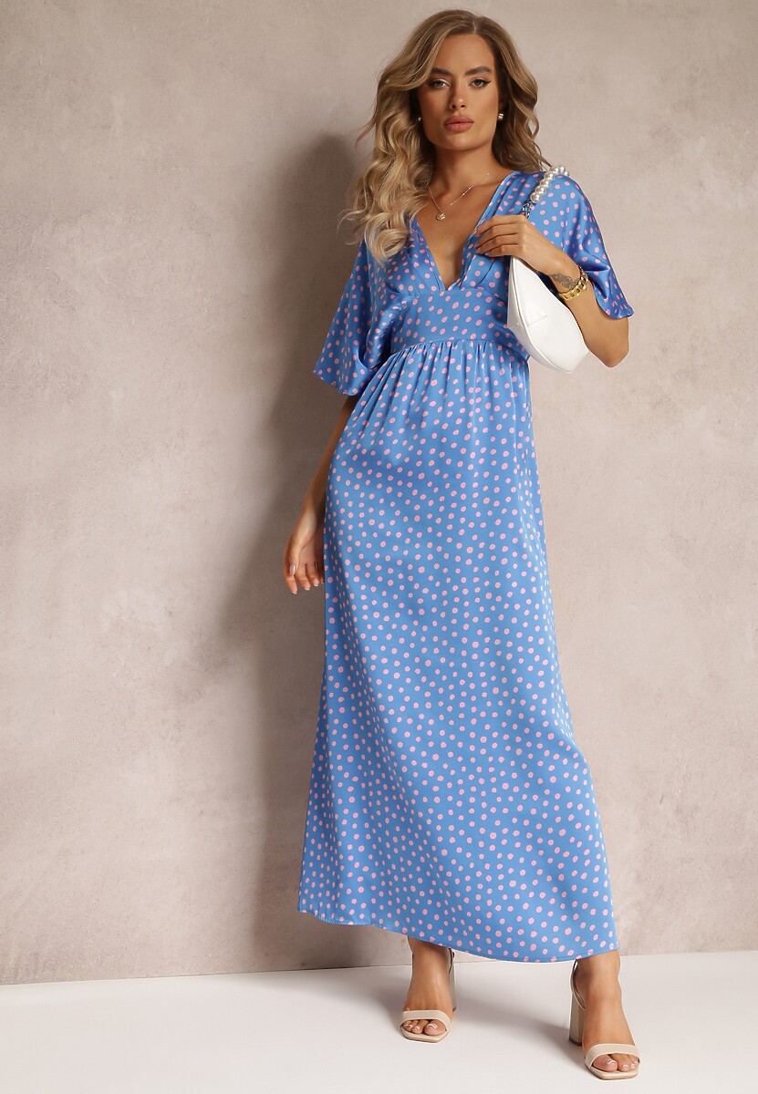 Niebieska Rozkloszowana Sukienka Maxi w Kropki z Głębokim Dekoltem Sallo