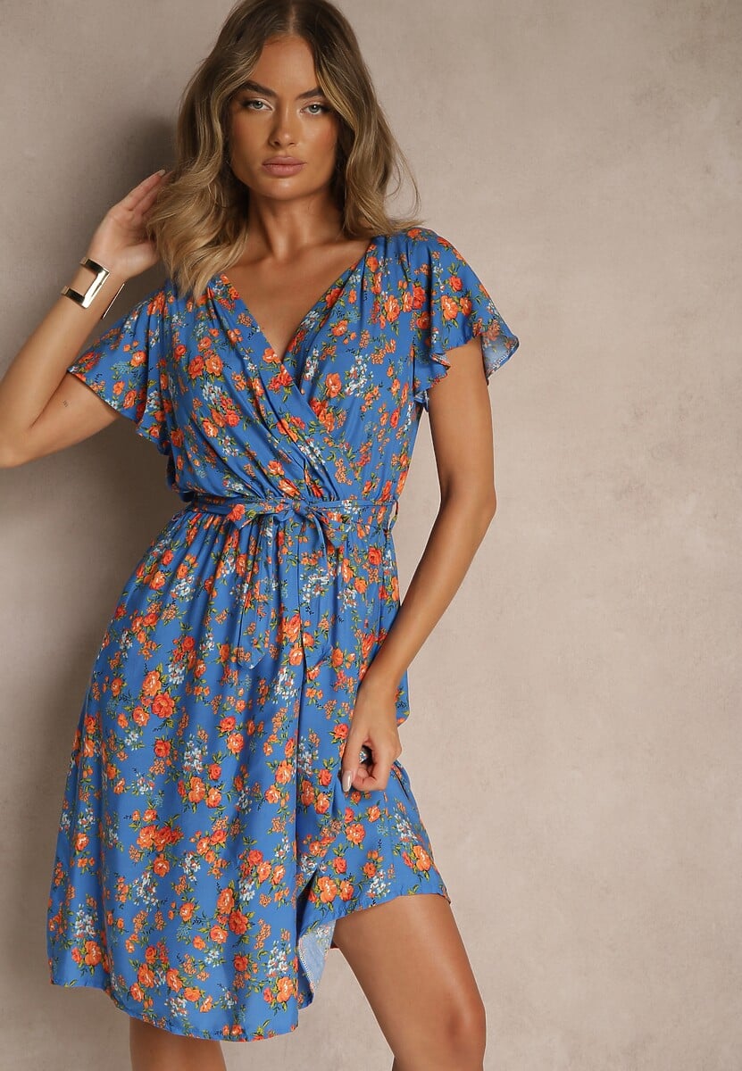 Niebieska Wiskozowa Sukienka Midi w Kwiaty z Gumką w Pasie i Materiałowym Paskiem Aidenia