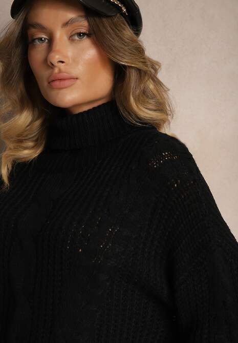 Czarny Golf z Wiskozą w Stylu Oversize z Ozdobnym Splotem Korremi