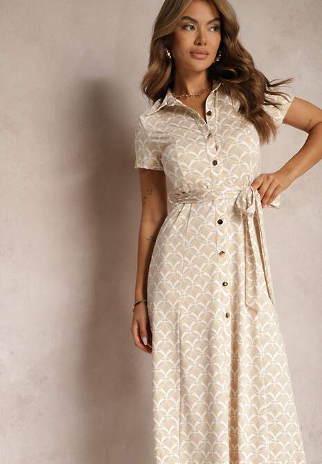 Beżowa Taliowana Sukienka z Wiskozą o Kroju Koszulowym z Guzikami i Paskiem Cosofia