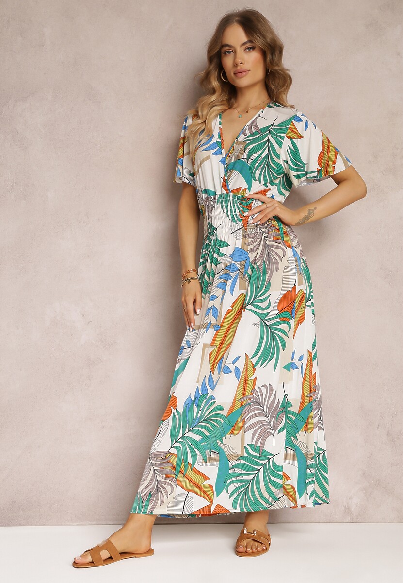 Biała Rozkloszowana Sukienka z Marszczonymi Gumkami w Talii i Krótkim Rękawem Laily