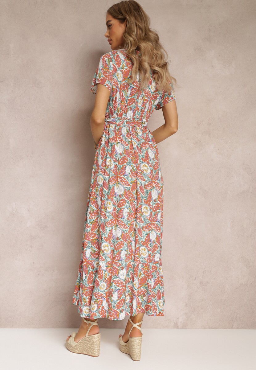 Zielono-Czerwona Kopertowa Sukienka z Wiskozy z Gumką w Talii i Krótkimi Rękawami Reiya