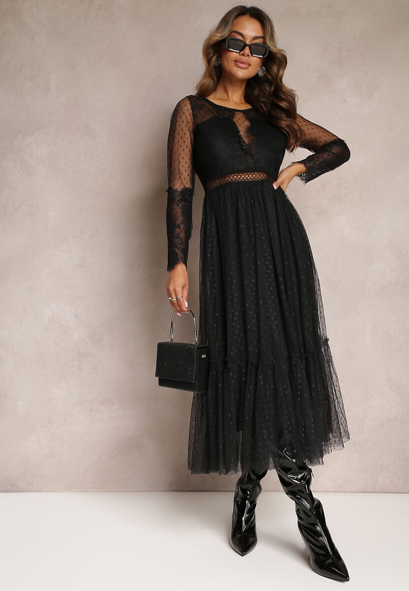 Czarna Rozkloszowana Sukienka Maxi z Koronkowymi Wstawkami i Tiulem Kollla