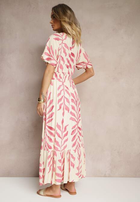 Różowa Wiskozowa Sukienka z Motywem Liści Verilin