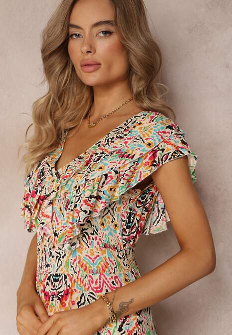 Beżowa Wiskozowa Sukienka Maxi z Pomponami i Gumką w Talii Belmona