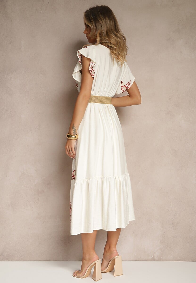 Biało-Czerwona Kopertowa Sukienka z Wiskozy Ozdobiona Haftem i Paskiem Nilatea