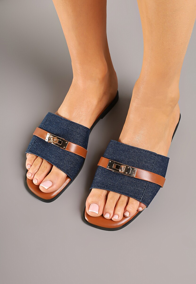 Granatowe Klapki z Kwadratowym Noskiem i Metaliczną Aplikacją Morwia