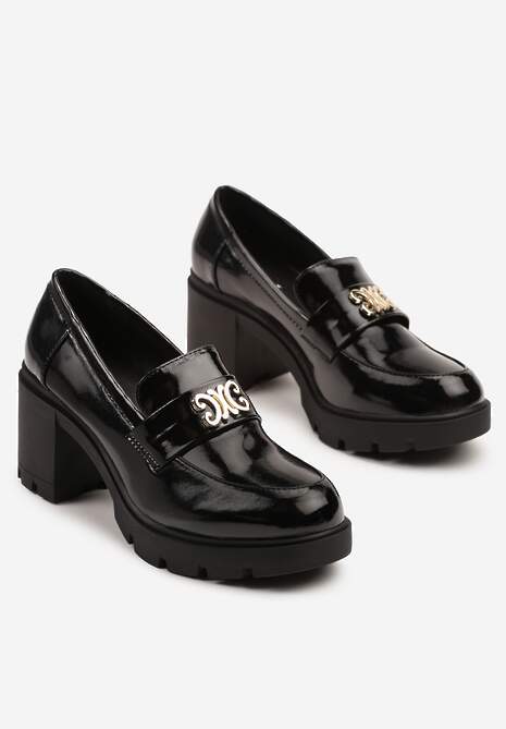 Czarne Półbuty Lakierowane w Stylu Mokasynów na Słupku z Aplikacją Ilaniri
