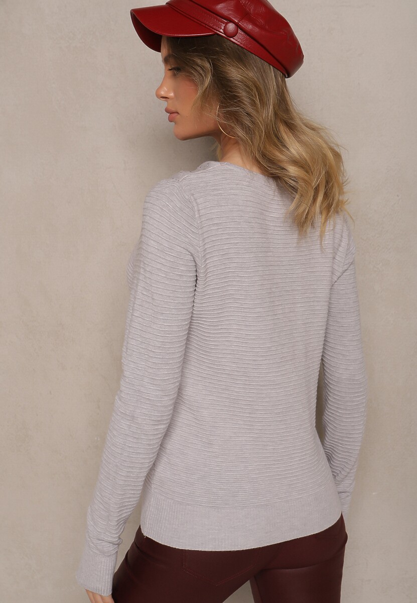 Szary Sweter z Prążkowanej Dzianiny z Wiskozą Ozdobiony Cyrkoniami i Wiązaniem Tintorinae