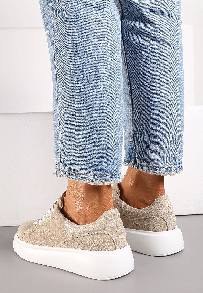 Beżowe Sneakersy z Ozdobnym Zapiętkiem Emicca