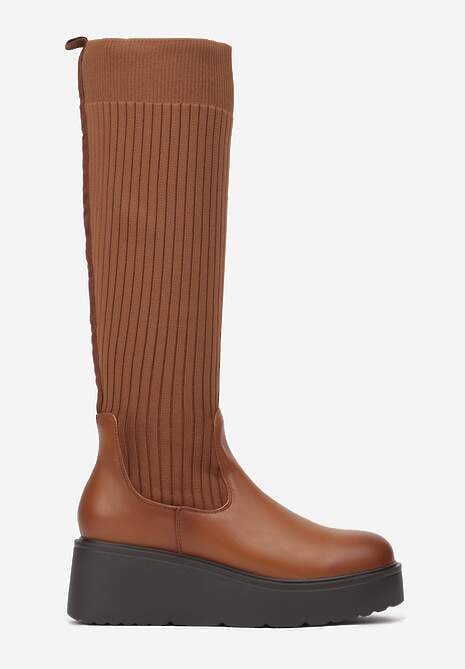 Brązowe Kozaki na Koturnie z Dopasowaną Cholewką Narizelle