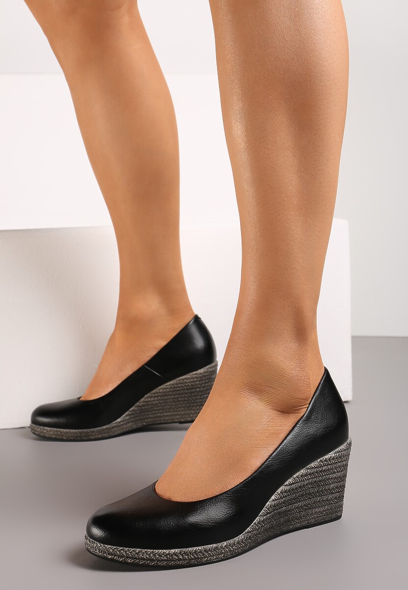 Czarne Czółenka Vices ze Skórzaną Wkładką na Plecionym Koturnie Serapne