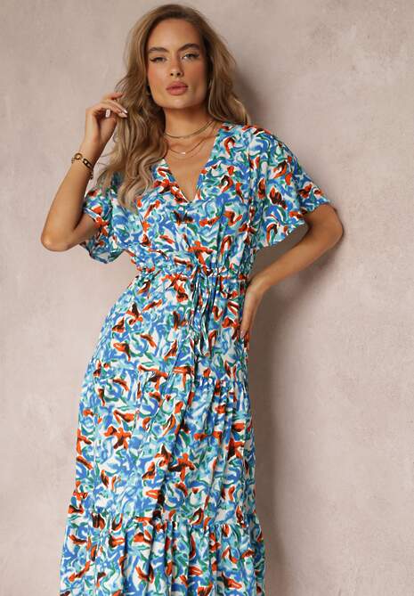 Niebieska Sukienka Midi ze Ściągaczem w Talii i Krótkimi Rękawami Rhoslana