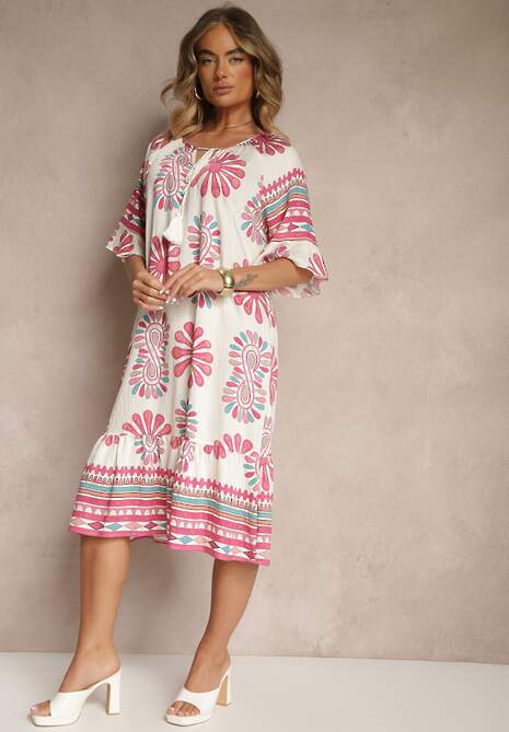 Różowa Pudełkowa Sukienka z Wiskozy w Abstrakcyjny Wzór Revirelle