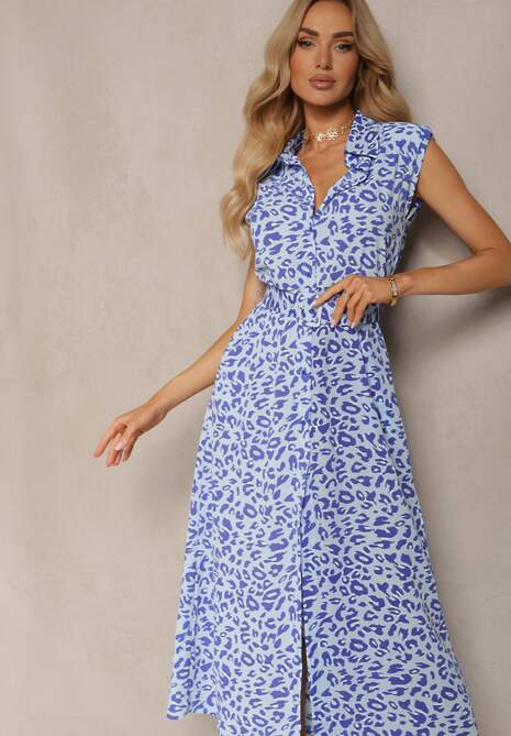 Niebieska Sukienka Koszulowa z Materiałowym Paskiem i Guzikami w Zwierzęcy Wzór Wospia