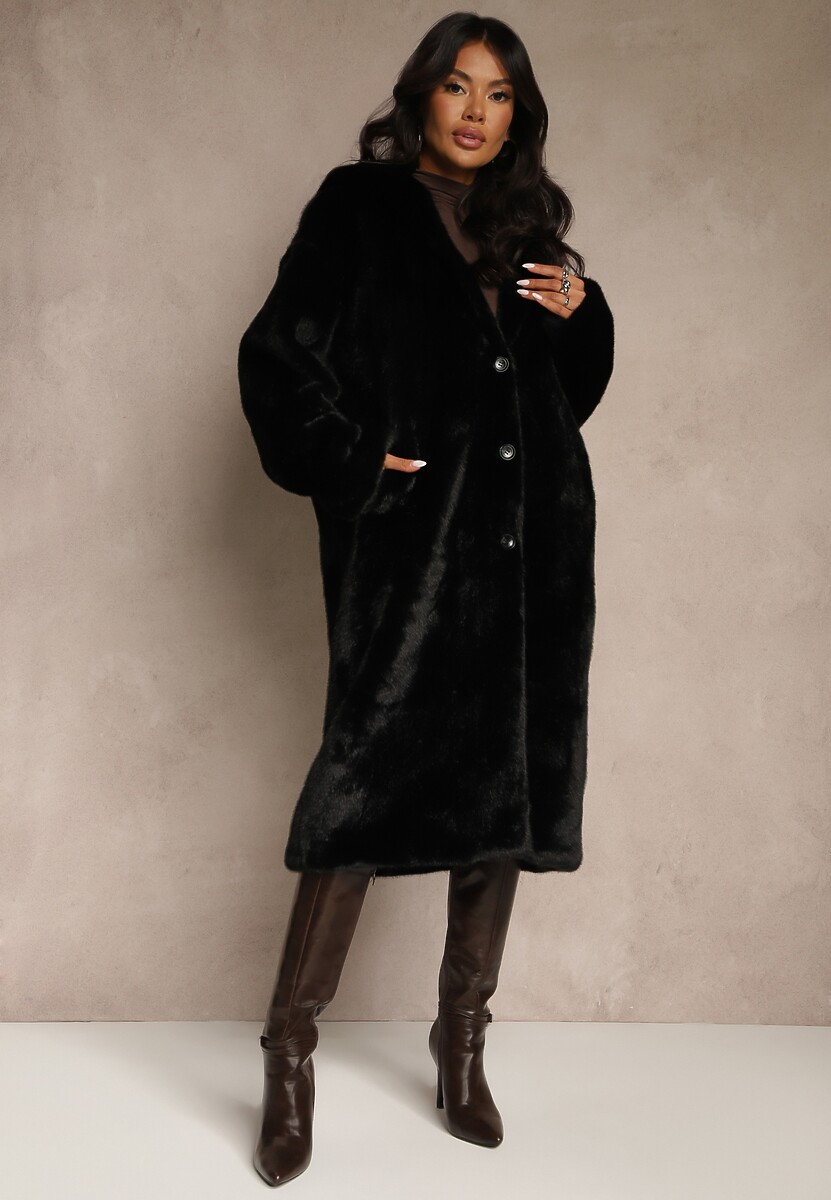 Czarny Płaszcz z Pluszowego Futerka z Kapturem Zereva
