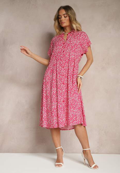 Fuksjowa Koszulowa Sukienka z Bawełny w Kwiaty o Rozkloszowanym Fasonie Sarilon