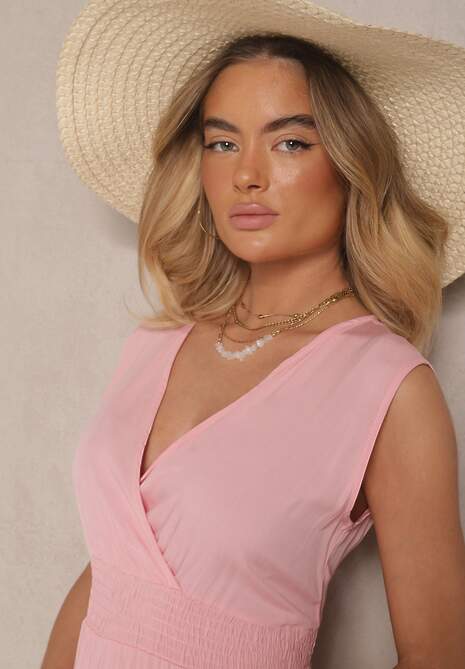 Różowa Kopertowa Sukienka z Wiskozy Zdobiona Falbanką Ularisela